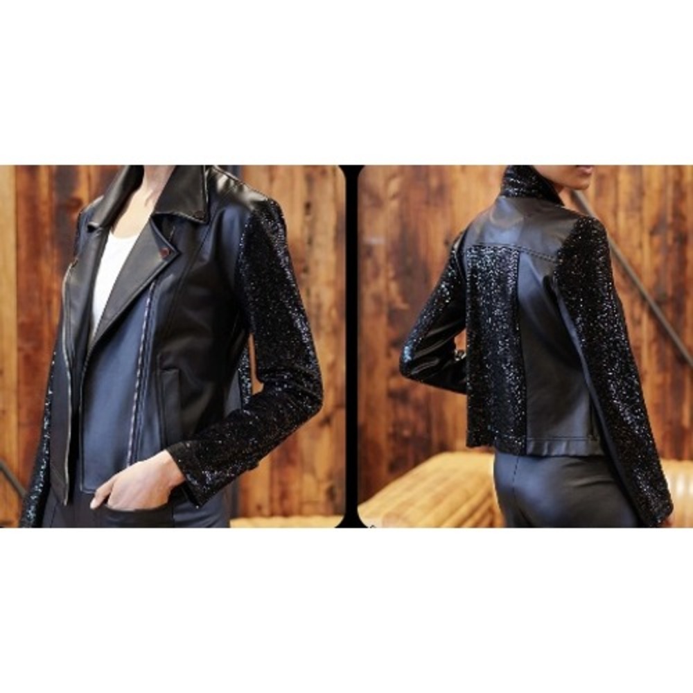 Clara Sunwoo Black Sequin Moto Jacket Liquid Leather Women Medium Asymmetric Zip